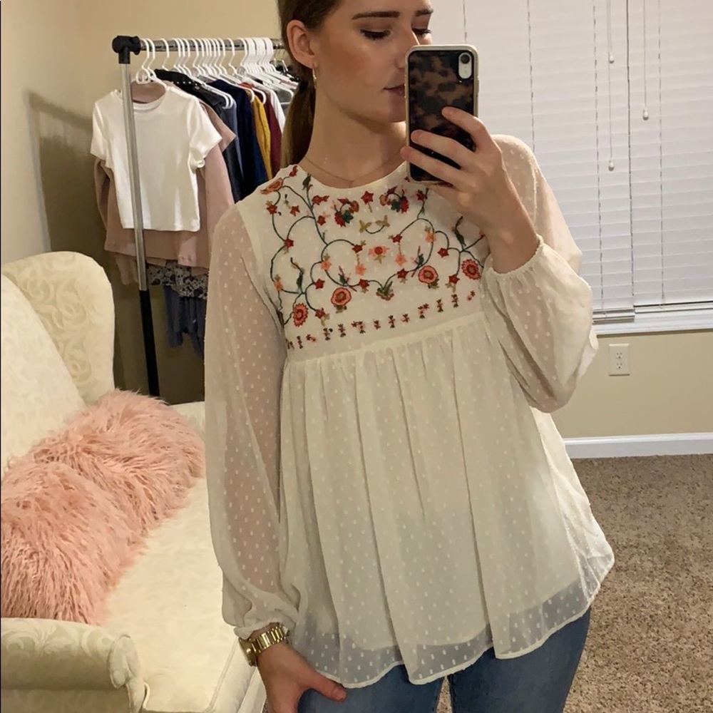 White swiss dot baby doll blouse